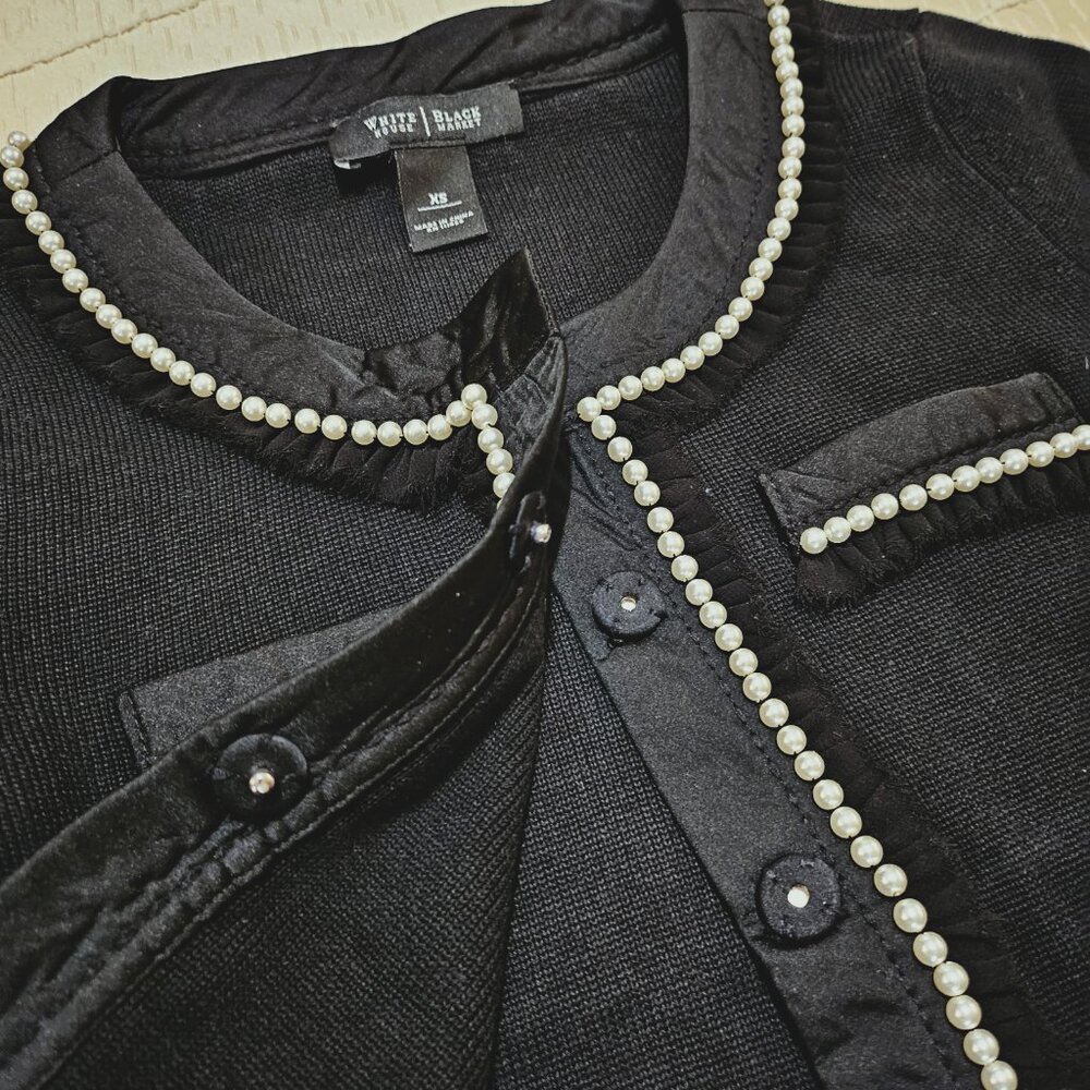 WHBM ELEGANT BLACK CARDIGAN w/ WHITE PEARL & BLACK RUFFLE POCKET & CUFF ACCENTS